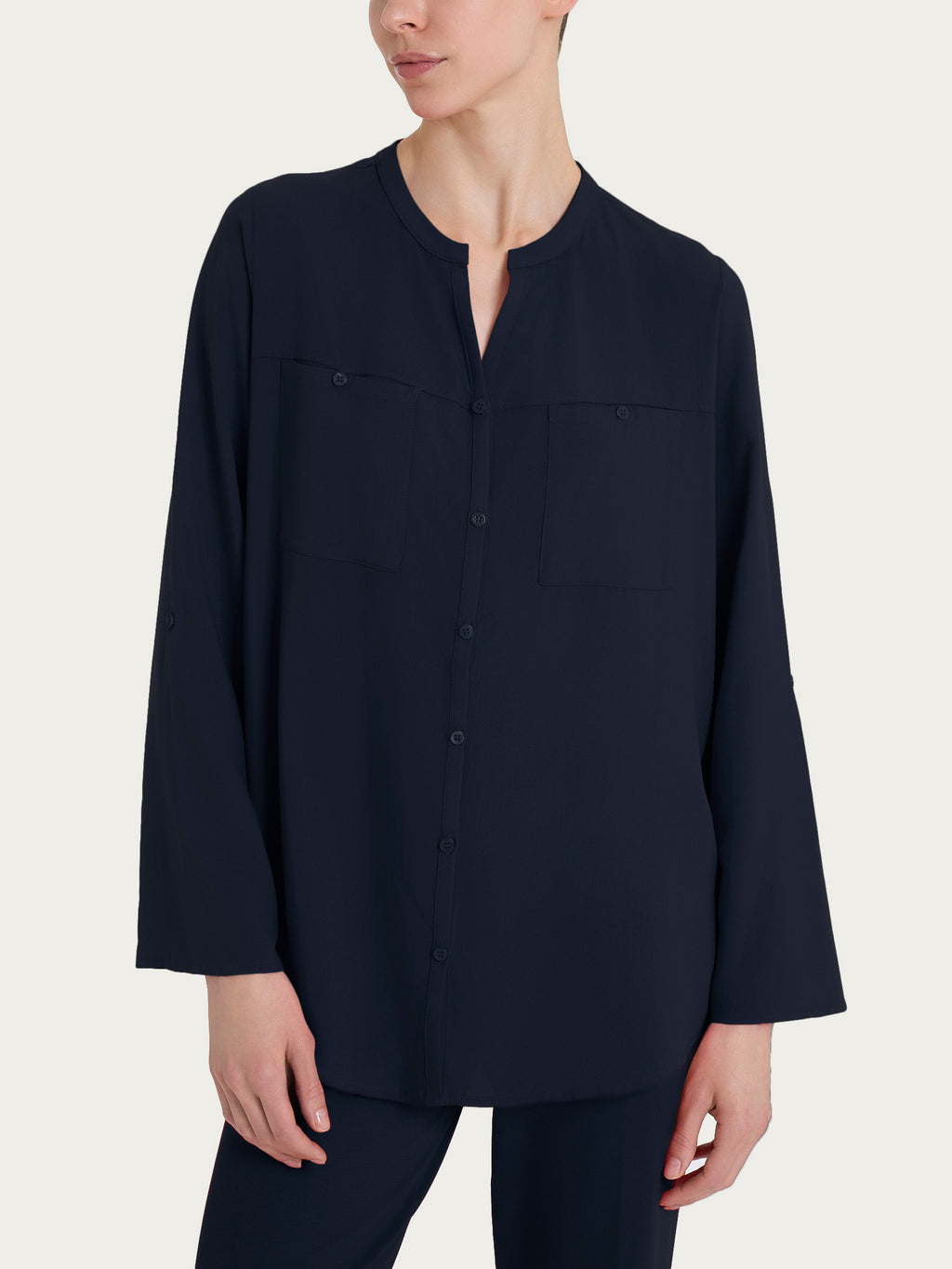 Ragno EcoSeta camicia collo coreano donna blu viscosa