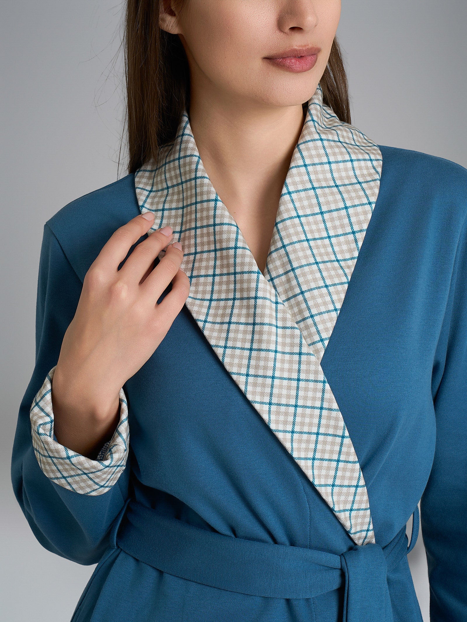 Ragno Interlock Vestaglia Cintura Teal Tartan puro cotone