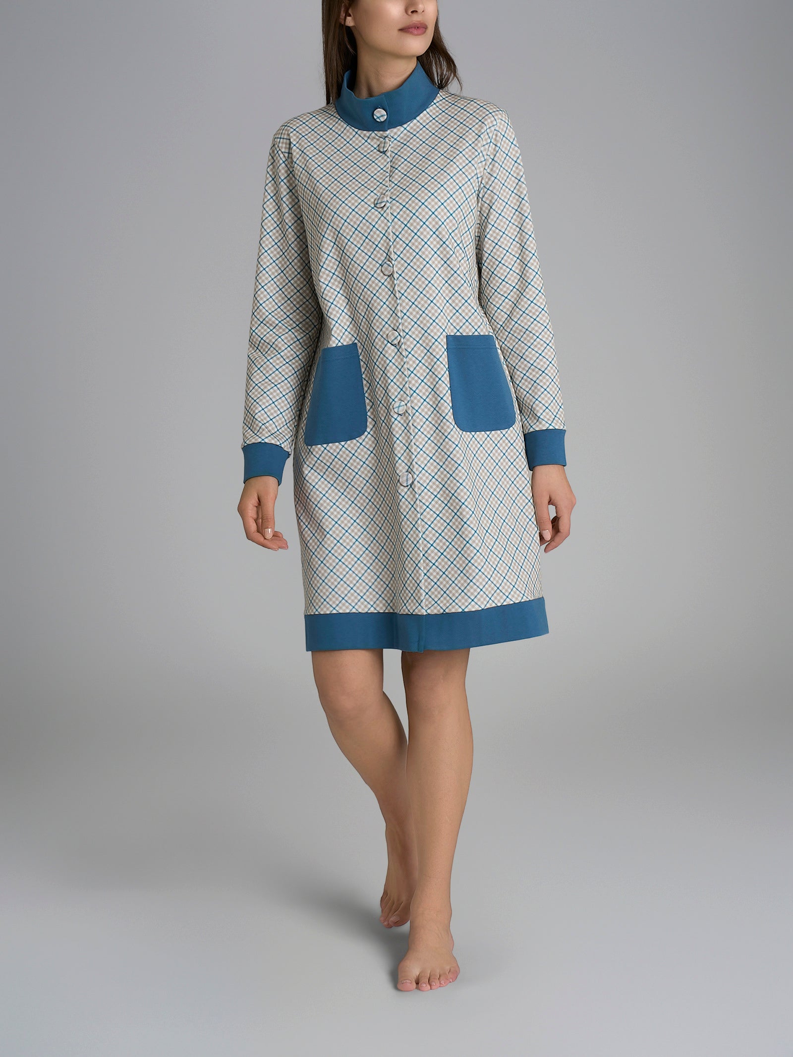 Ragno Vestaglia Tartan Aperta Cotone Real Teal Tartan