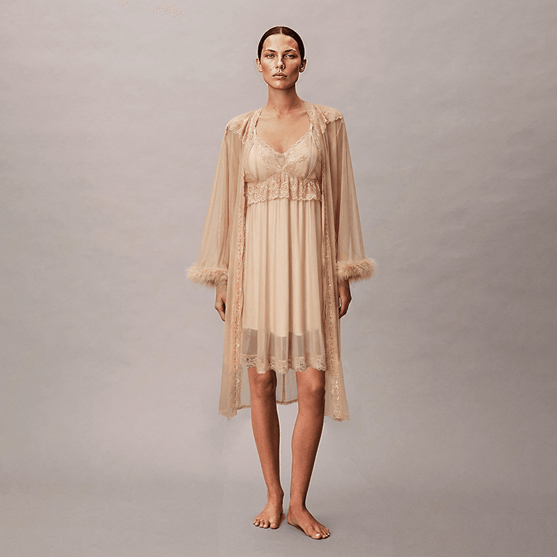 Maria Grazia Severi sottoveste beige 2 pezzi pizzo piume