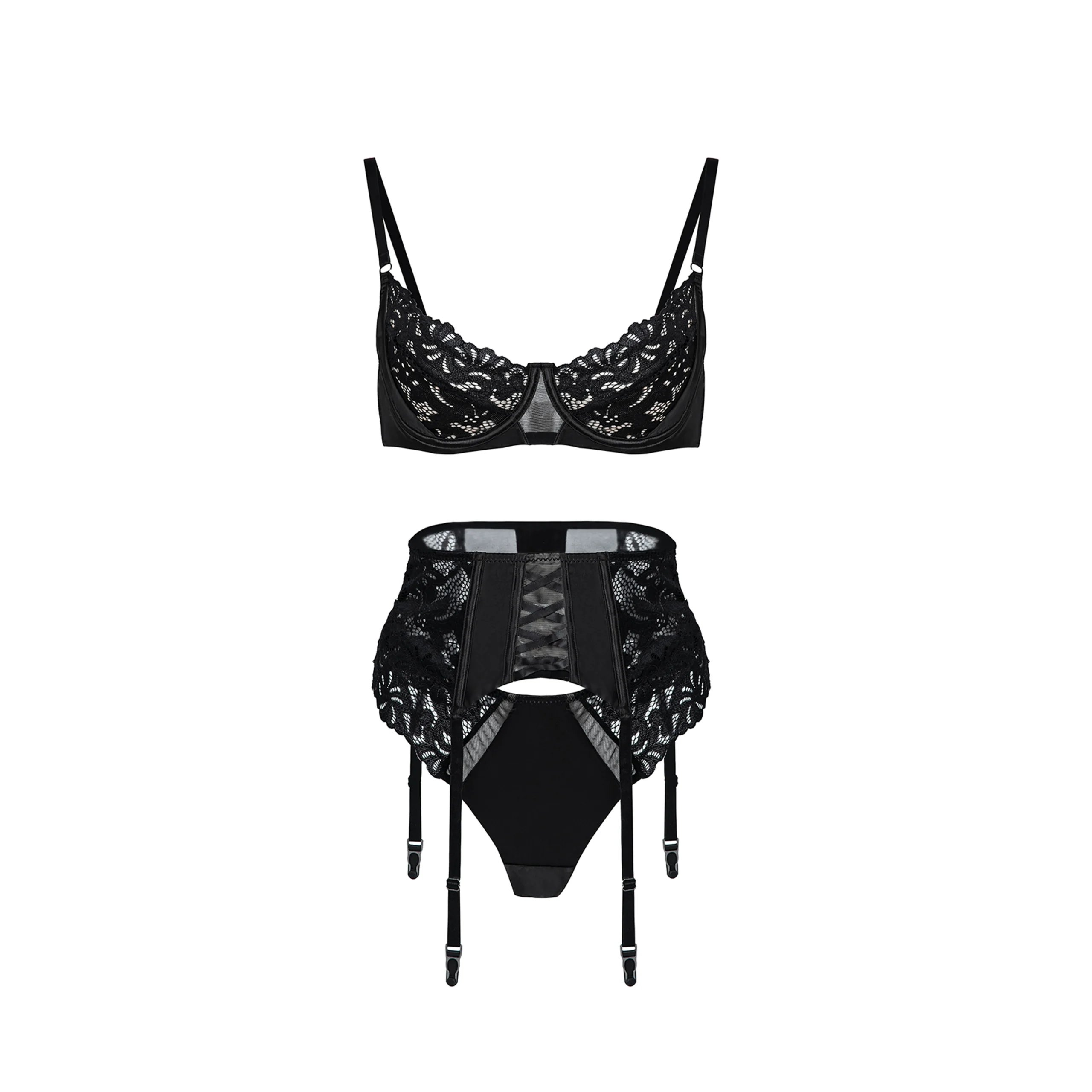 Maria Grazia Severi set intimo nero pizzo e raso con giarrettiera
