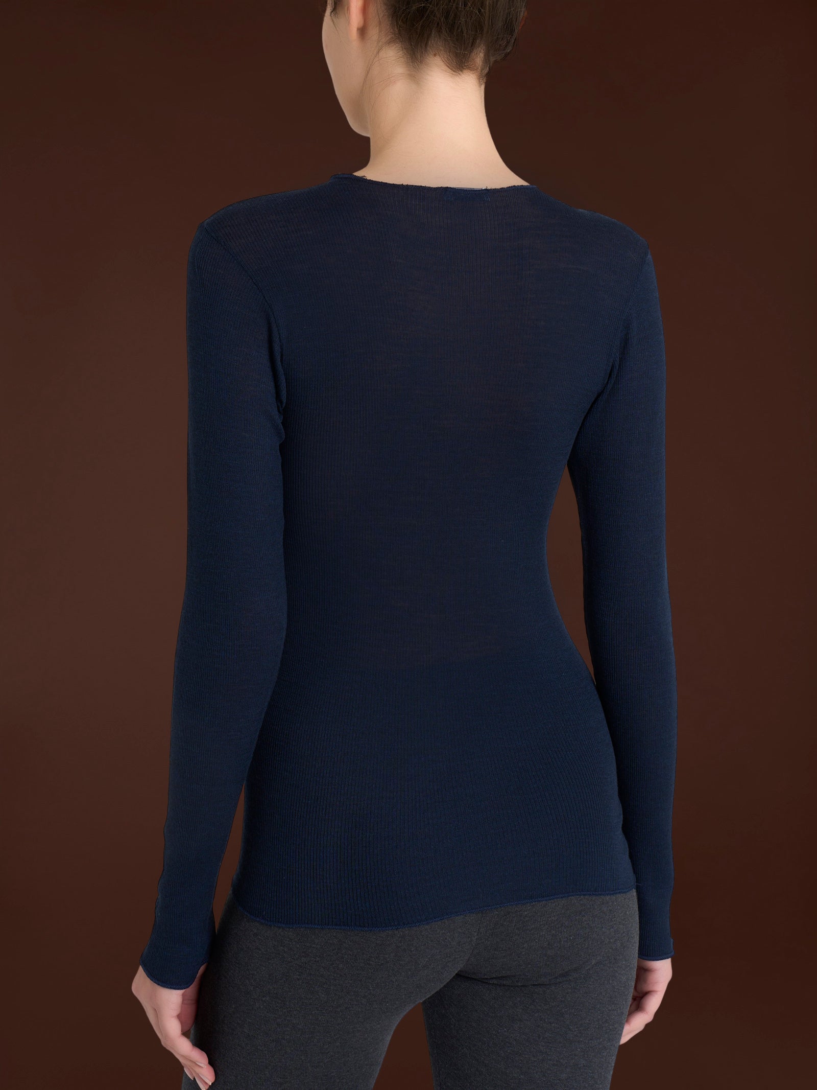 Ragno Lana Seta Maglia girocollo manica lunga Bleu lana
