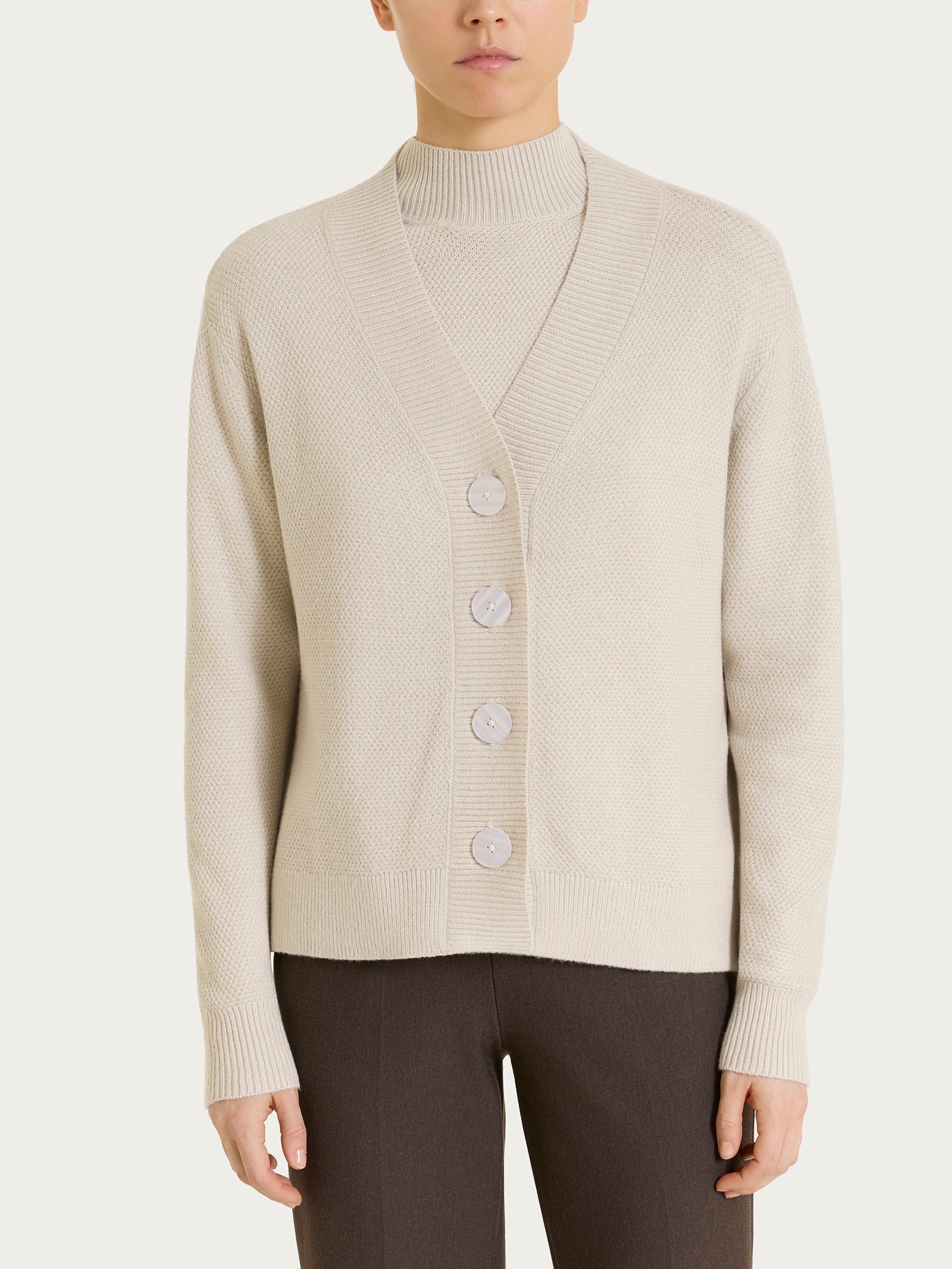 Ragno cardigan scollo V punto riso wool champignon