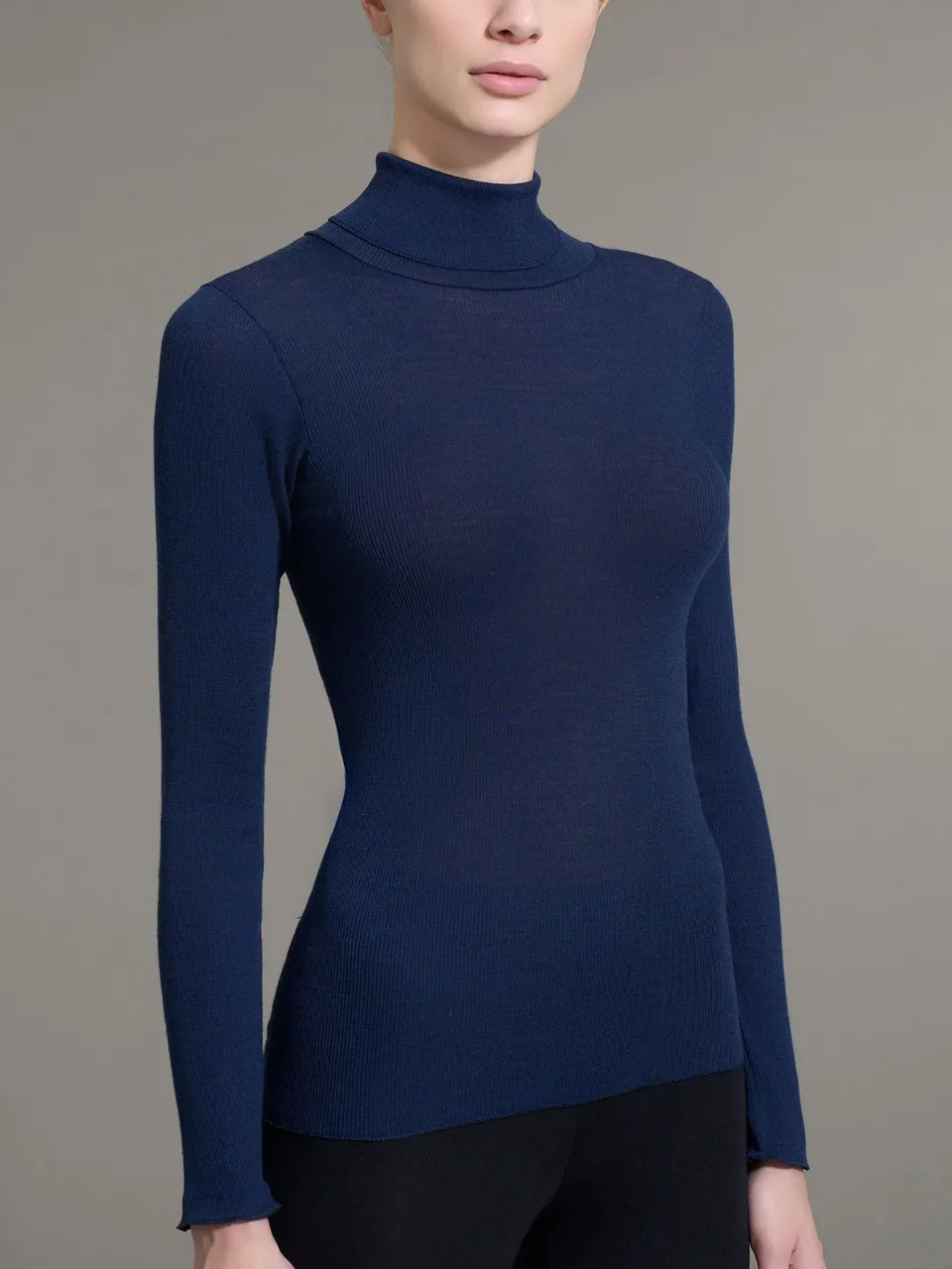 Ragno Lana Seta Dolcevita Collo Alto Bleu Manica Lunga