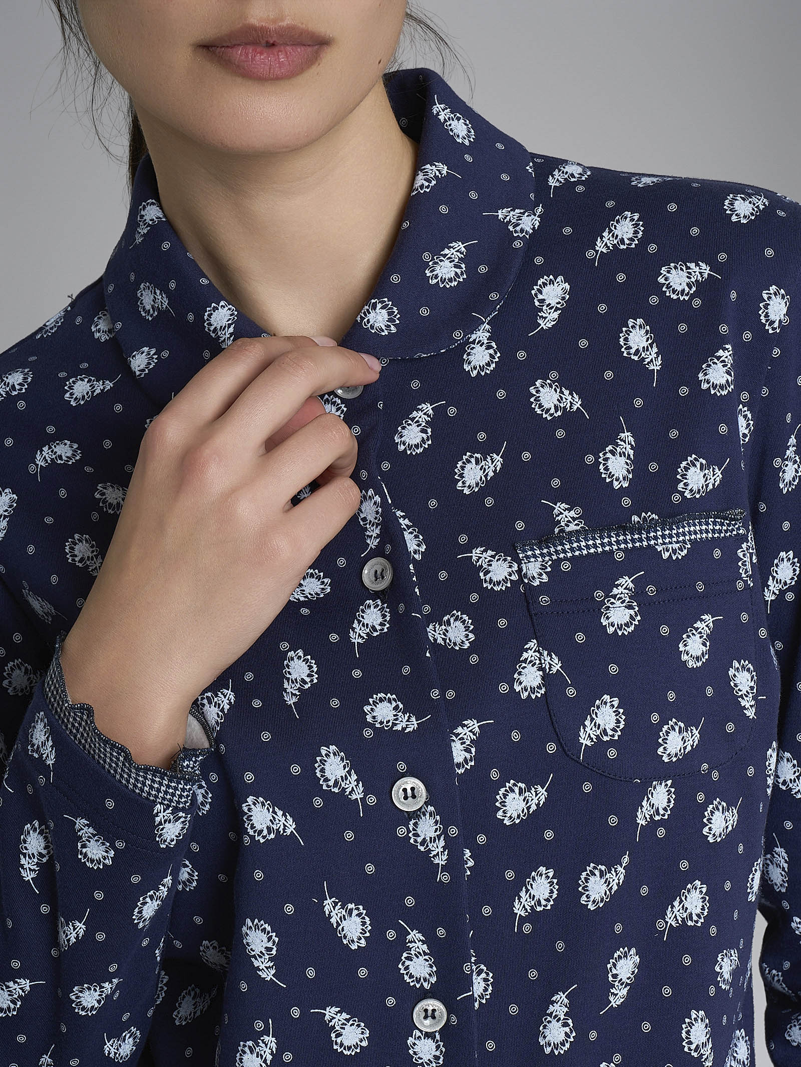 Ragno Interlock Pigiama Aperto Cotone Naval Fiore