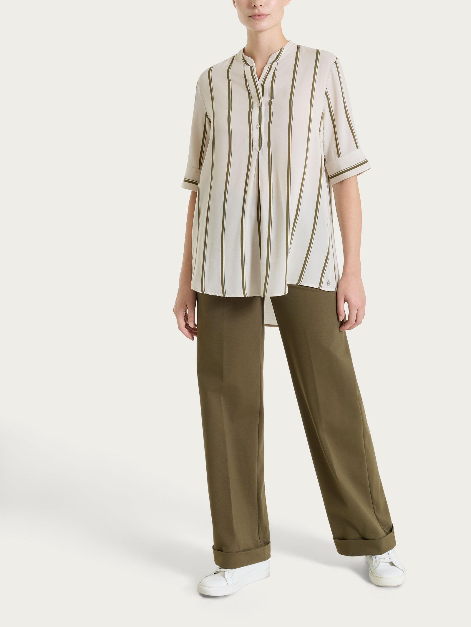 Ragno EcoSeta Blusa righe manica corta dark olive svasata