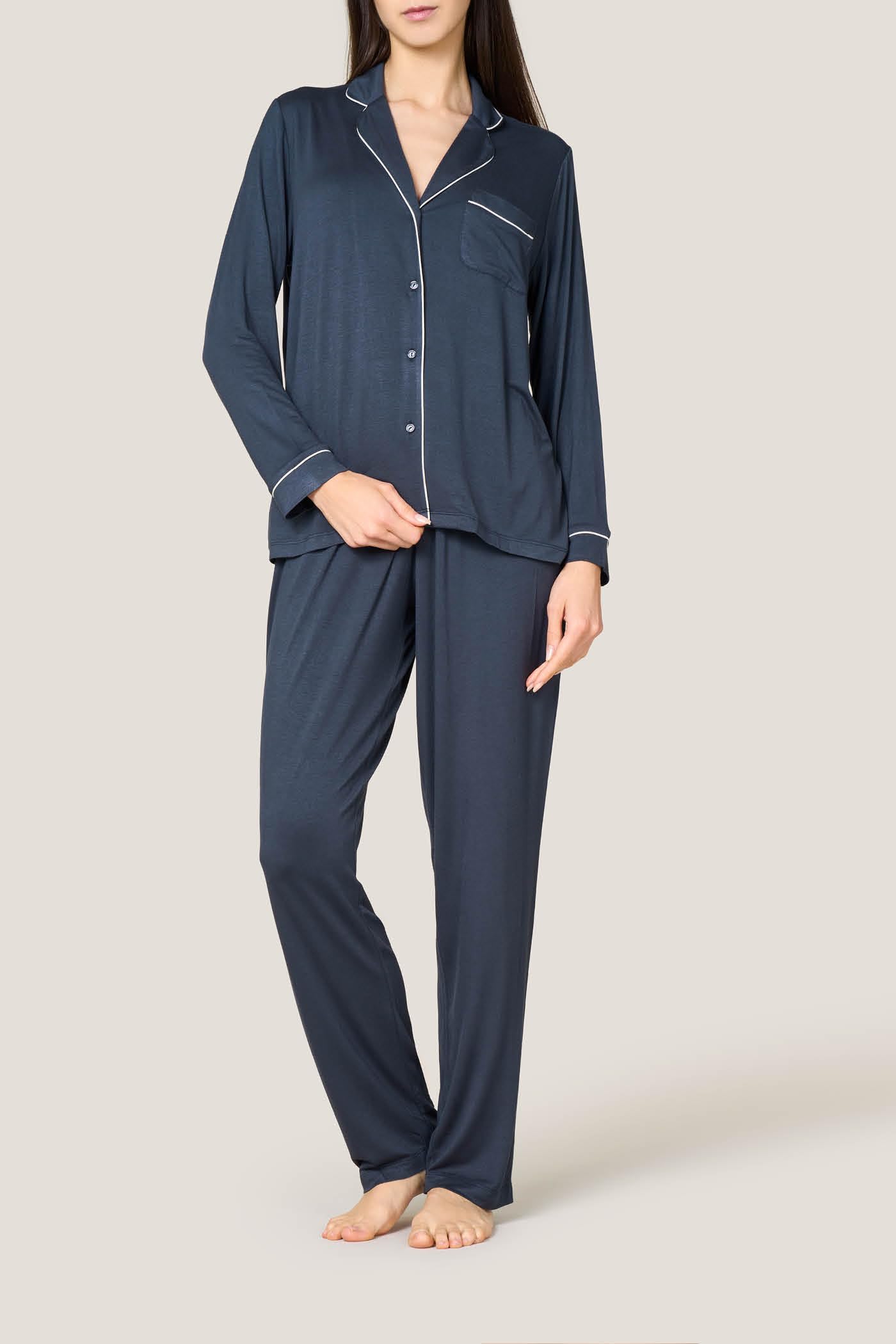 Goldenpoint Pigiama Lungo Abbottonato Piping Pigiama Donna