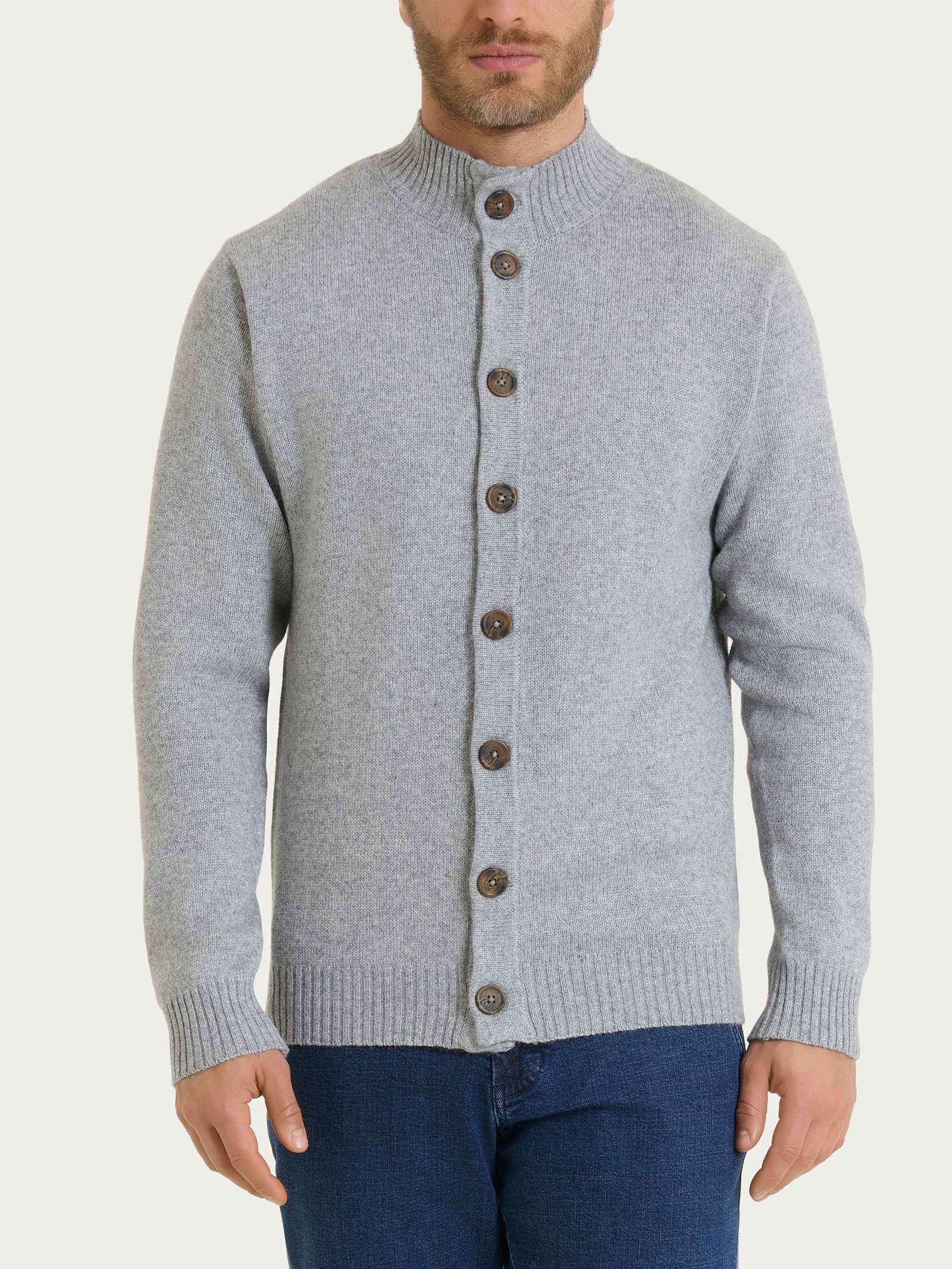 Ragno Natural Soft Cardigan collo alto Ghiaia Mel. morbido