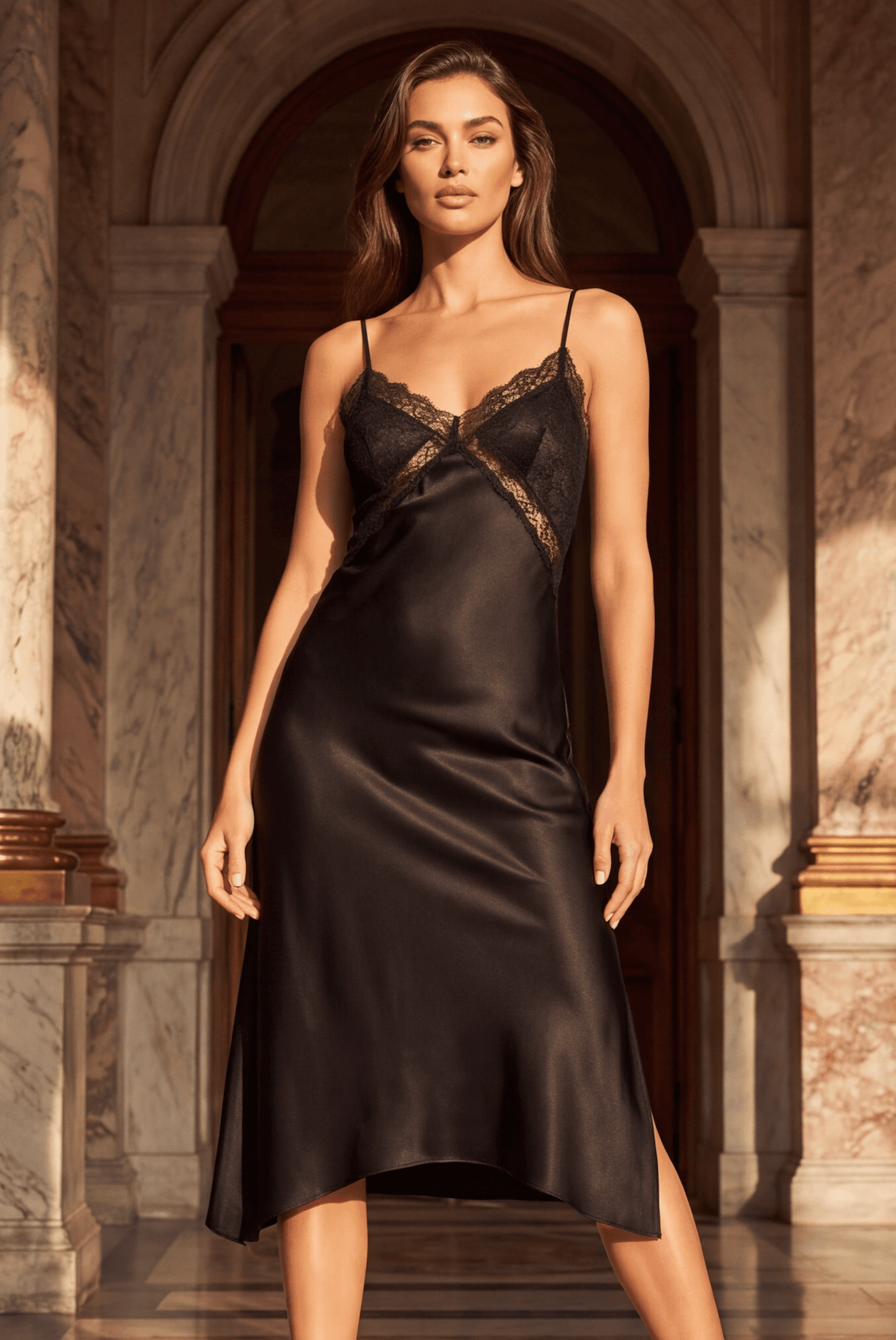 Maria Grazia Severi Long Babydoll sottoveste nera satin pizzo