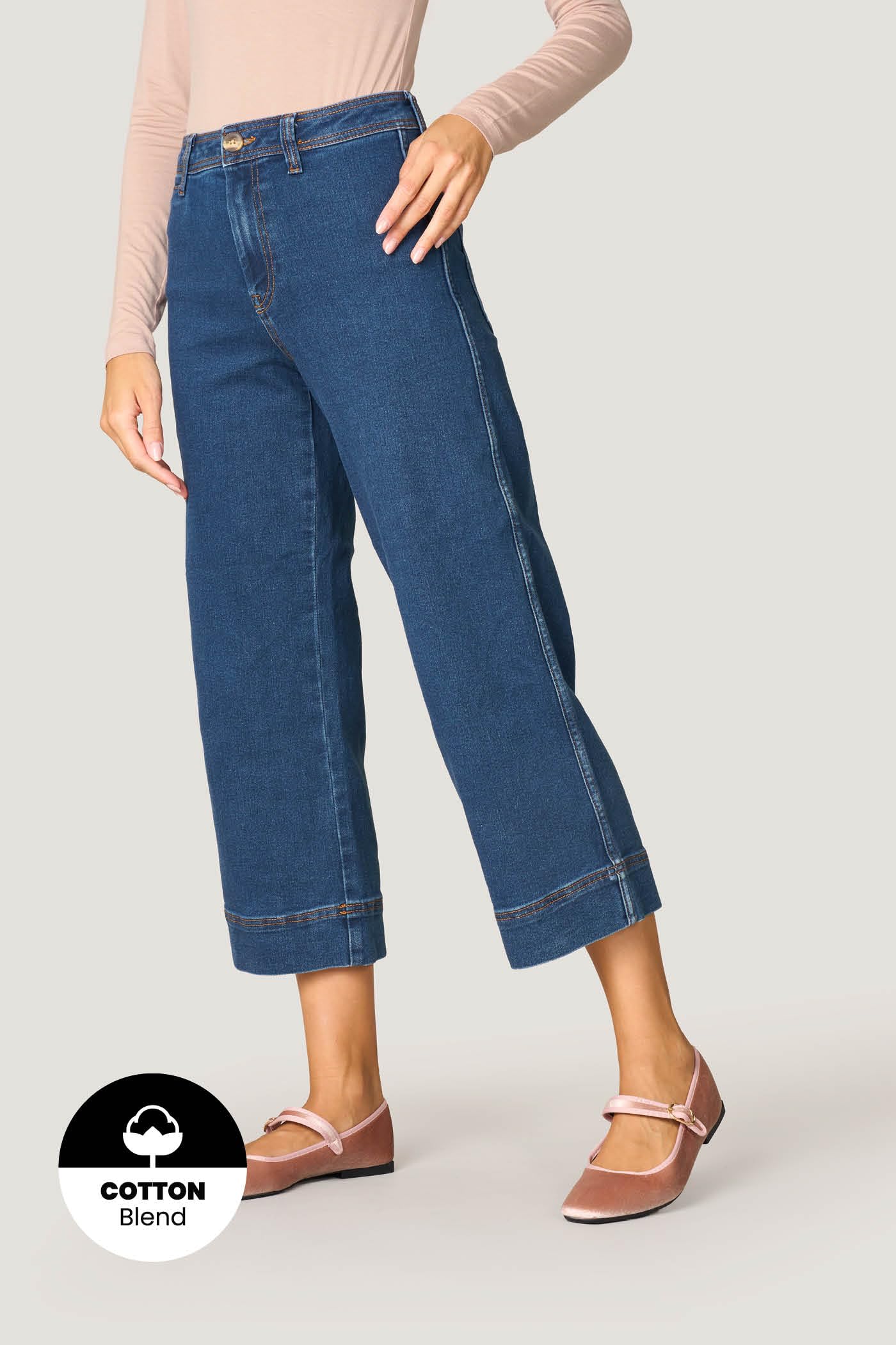 Goldenpoint jeans donna wide leg cropped vita media denim