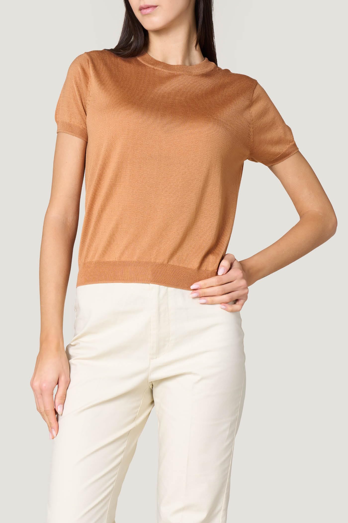 Goldenpoint Maglia Scollo Tondo Manica Corta Donna a Costine
