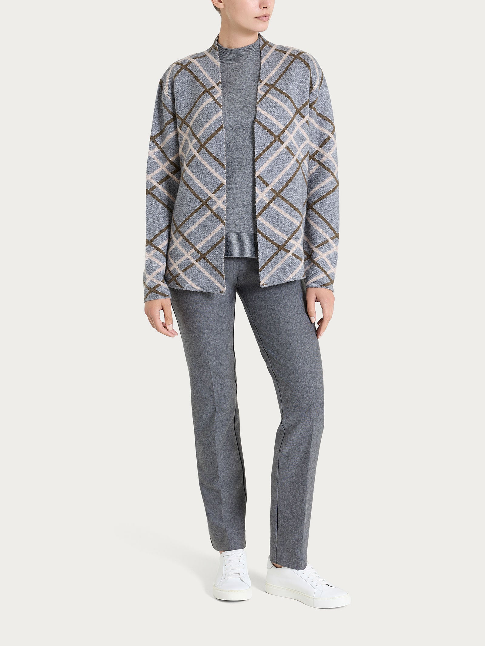 Ragno Natural Soft cardigan aperto check ferro melange