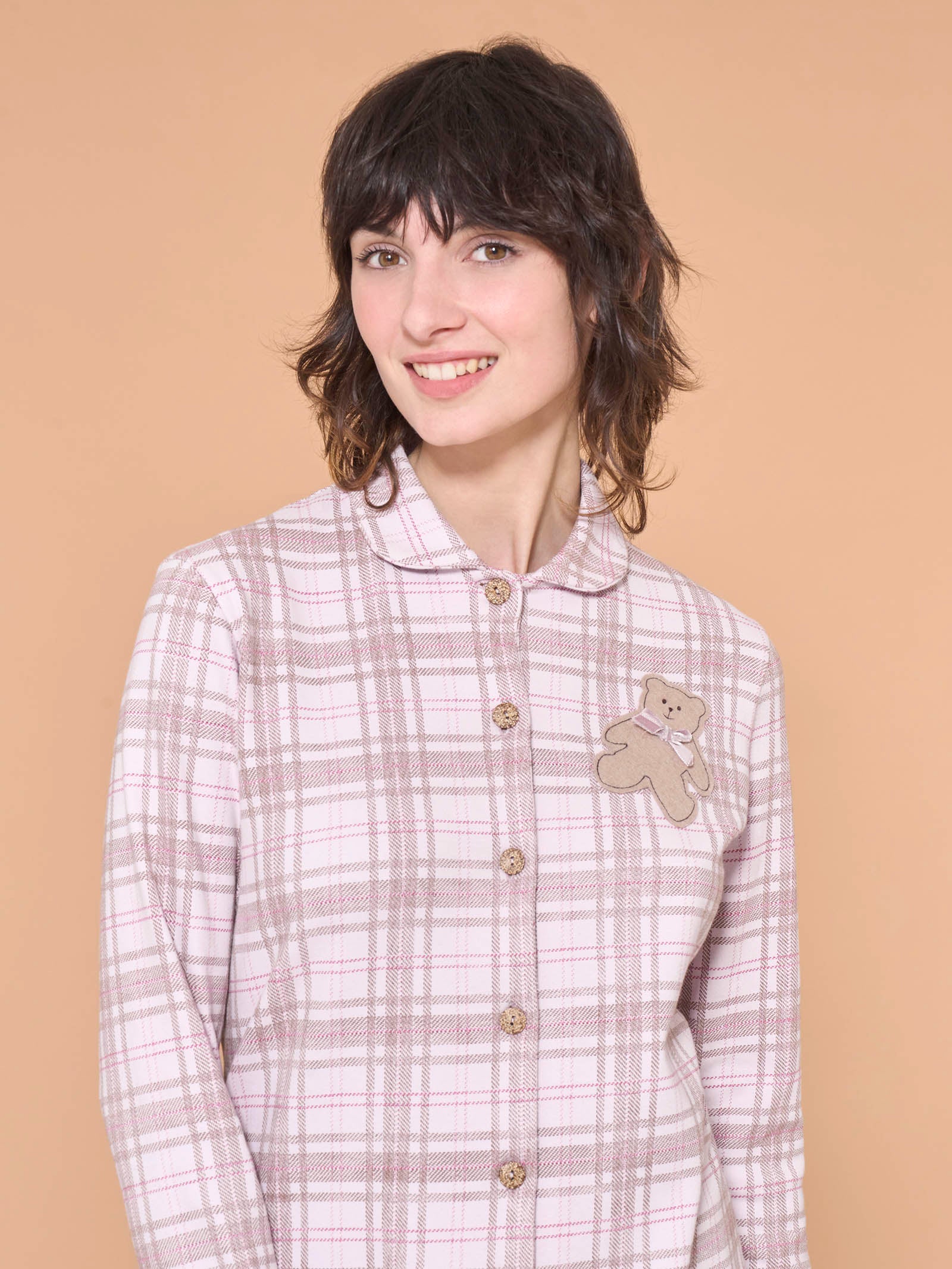 Ragno Interlock pigiama aperto tartan rosa cotone