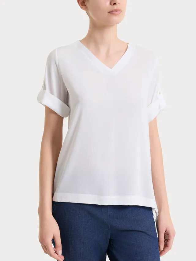 Ragno Blusa Scollo a V Voile Stretch Bianca Manica Lunga