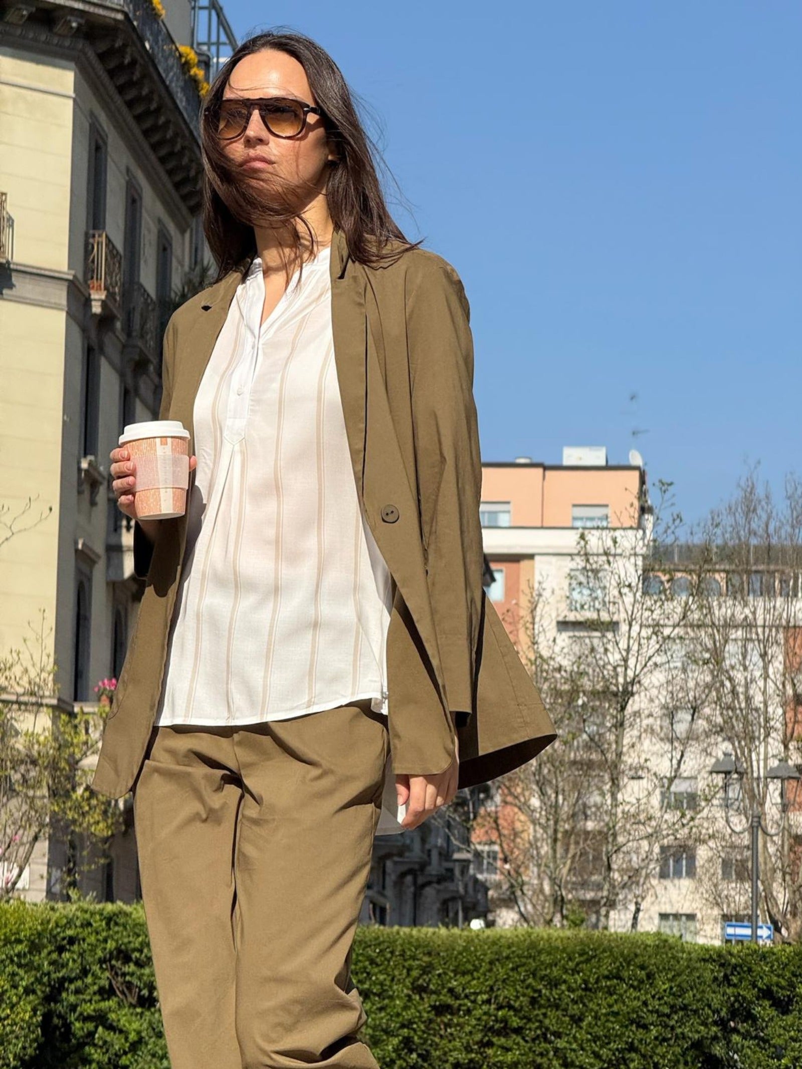 Ragno EcoSeta blusa righe Blanc manica corta