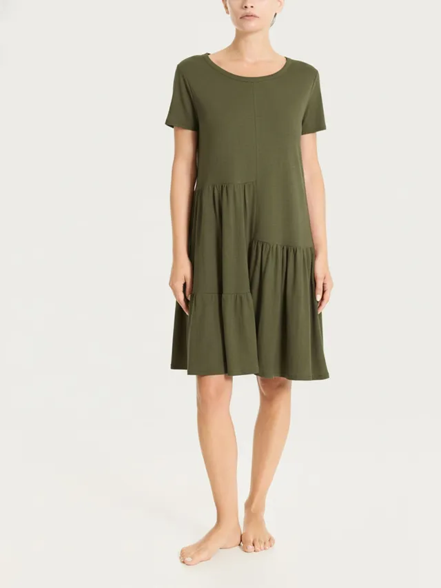 Ragno Vestito Corto Balze Dark Olive Cotone Slub