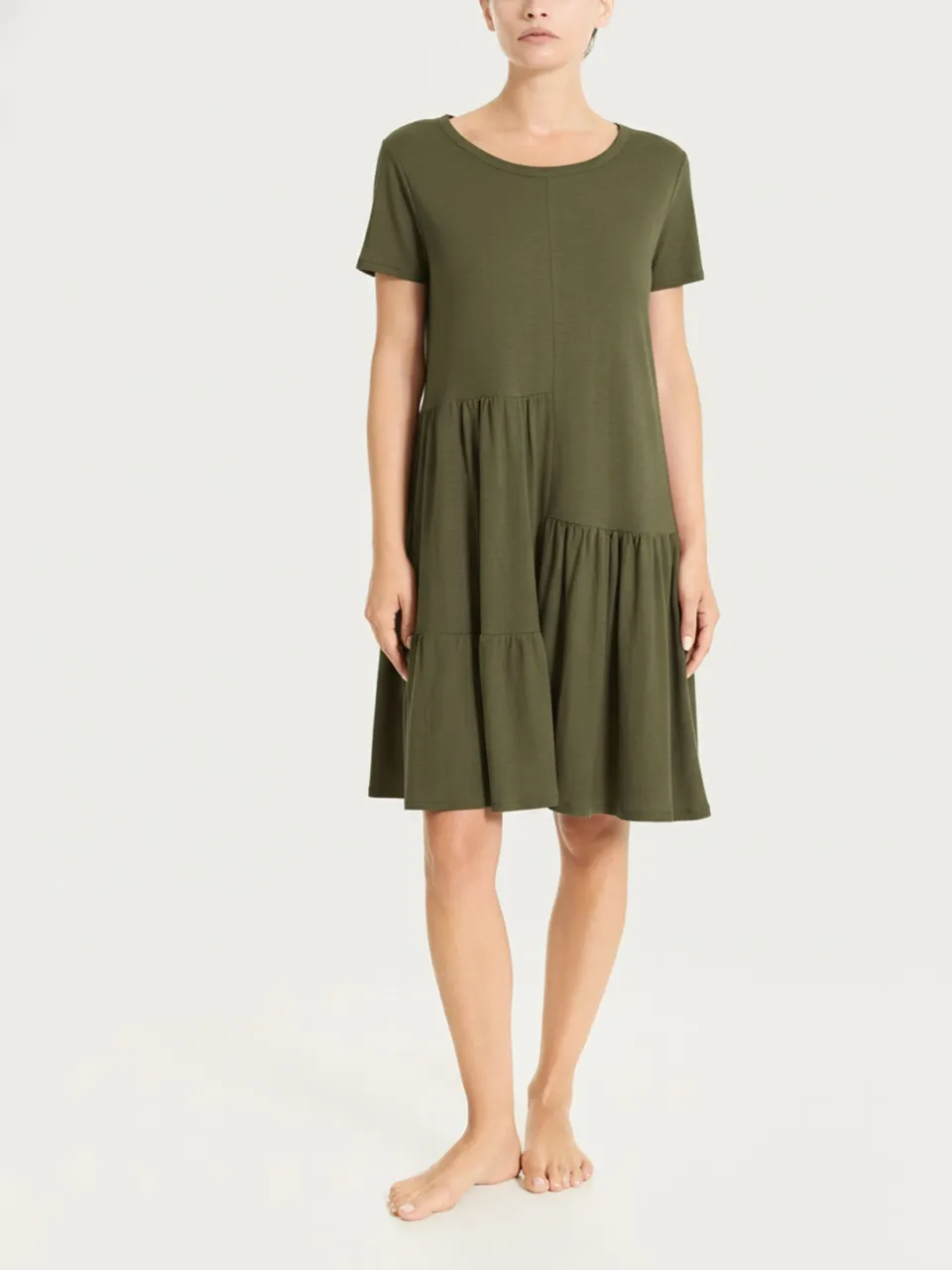 Ragno Vestito Corto Balze Dark Olive Cotone Slub