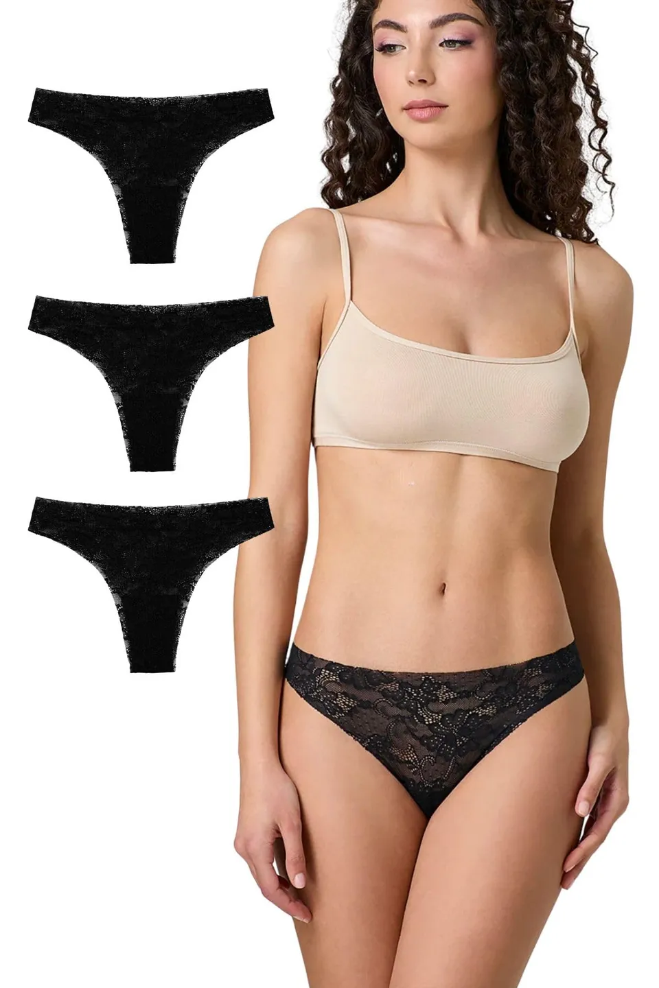 Lady C Slip Taglio Laser Brasiliana Ricamata Nero 3 pz invisibile