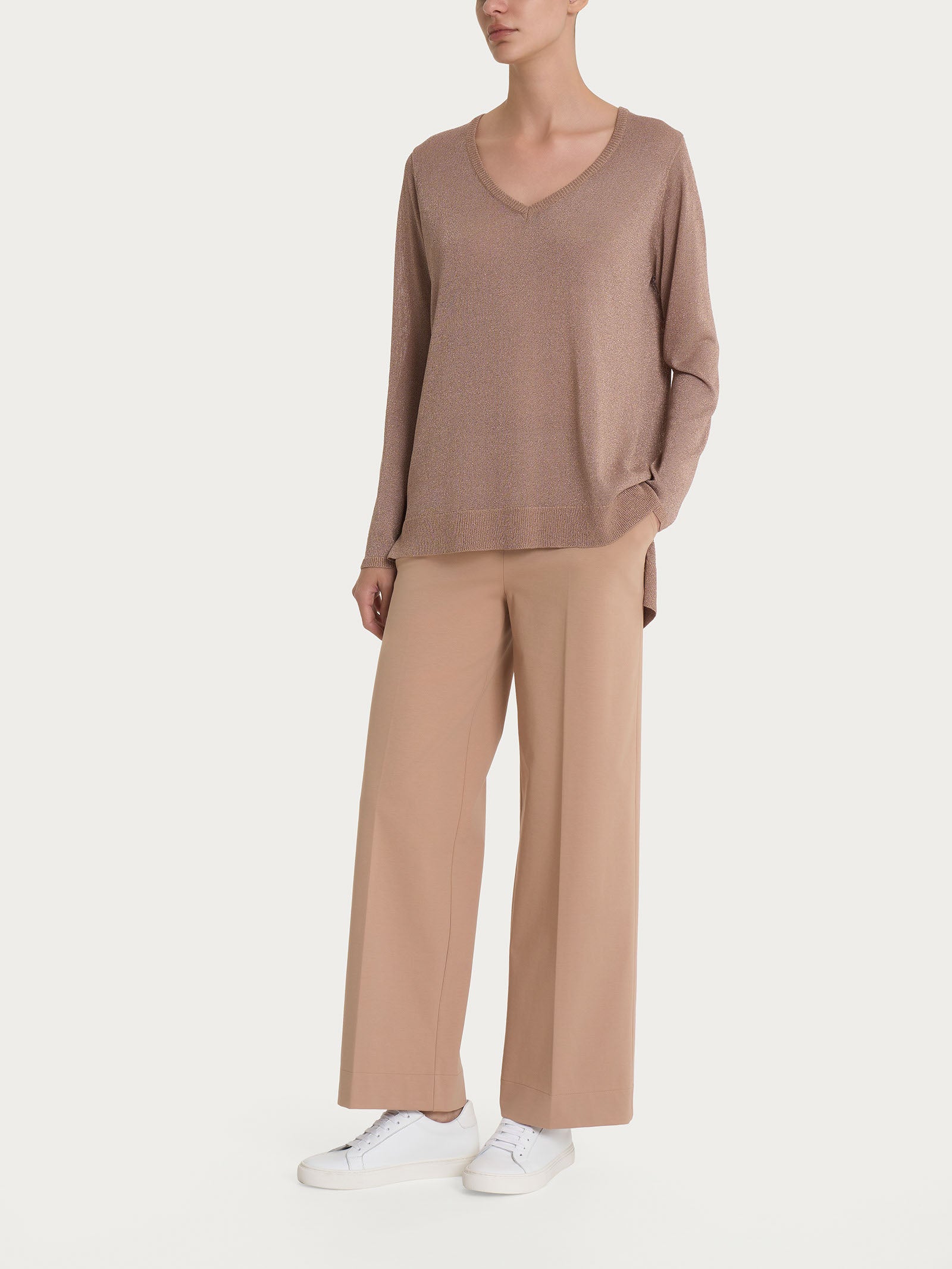 Ragno Crêpe Lurex maglia V Warm Taupe manica lunga