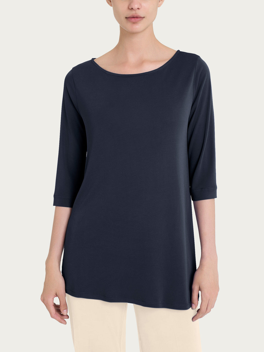 Ragno maglia barchetta manica 3/4 blu crêpe satin