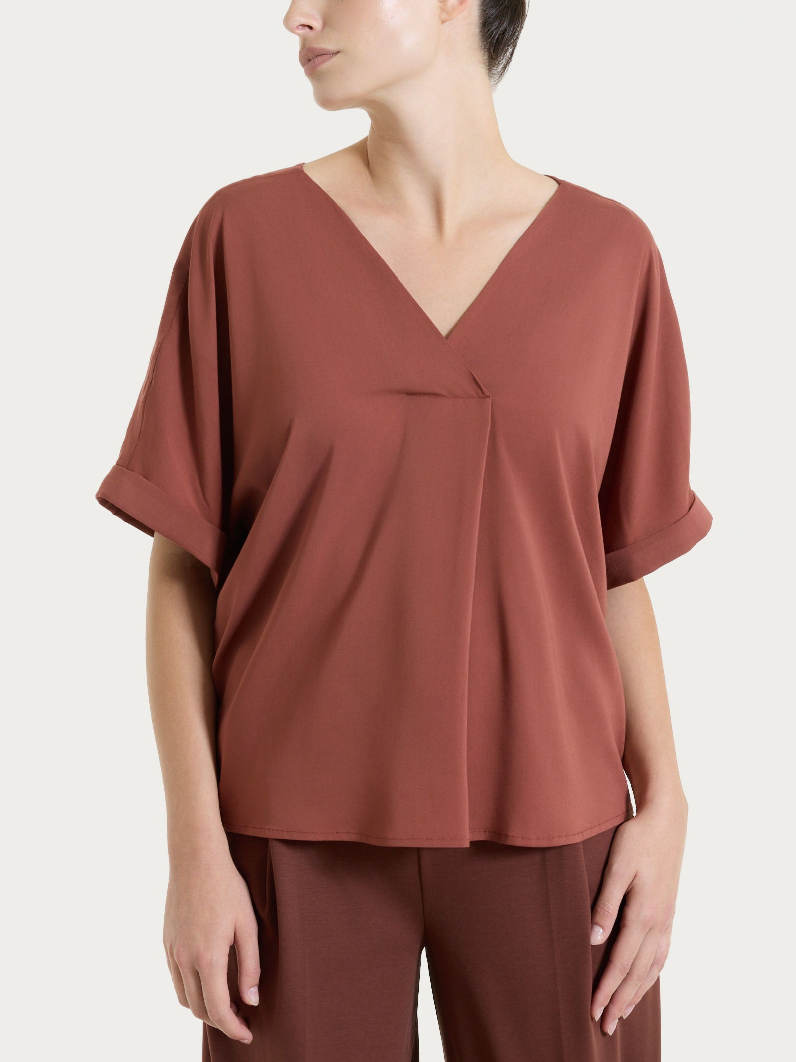 Ragno Voile Stretch Blusa Manica Kimono Mahogany Scollo V
