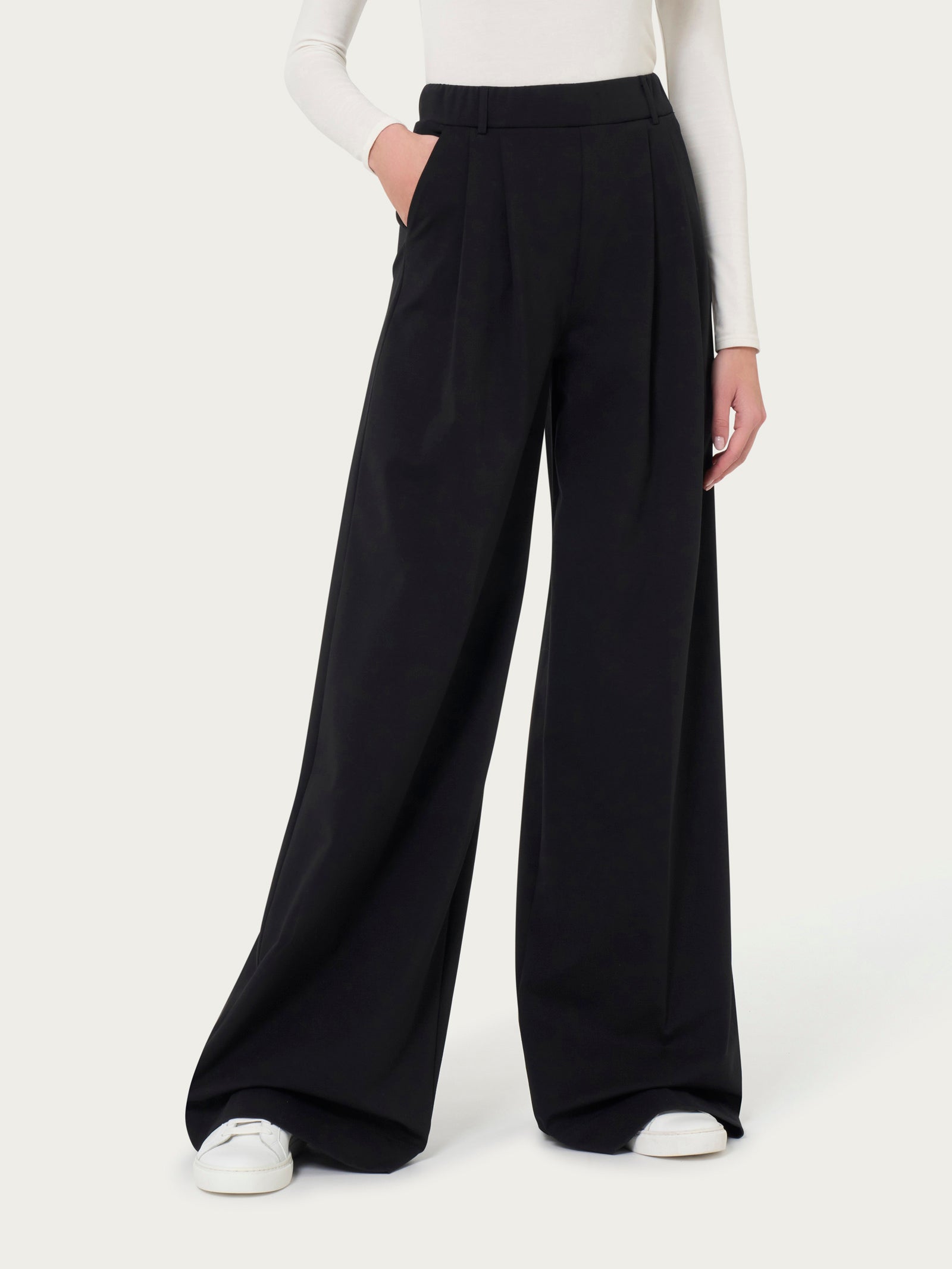 Ragno Compact Light Pantalone Palazzo Nero con Pinces largo