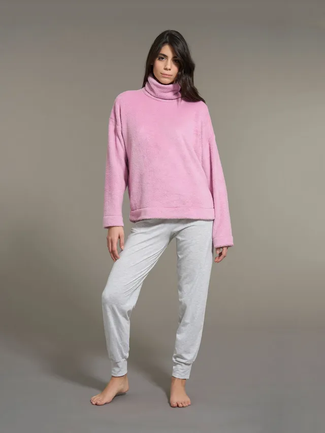 Ragno pigiama donna rosa collo vulcano in pile