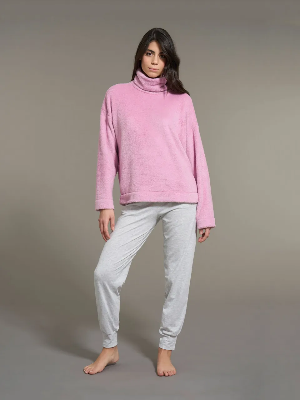 Ragno pigiama donna rosa collo vulcano in pile