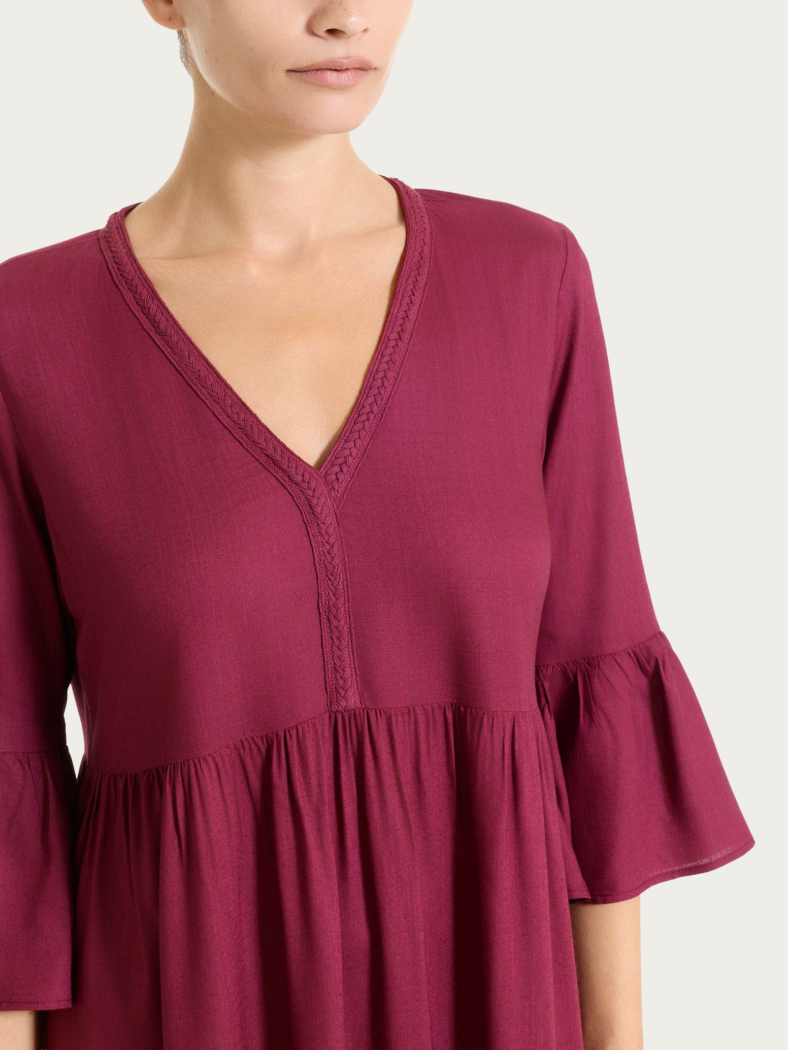 Ragno Mussola Slub abito lungo balze beet red viscosa