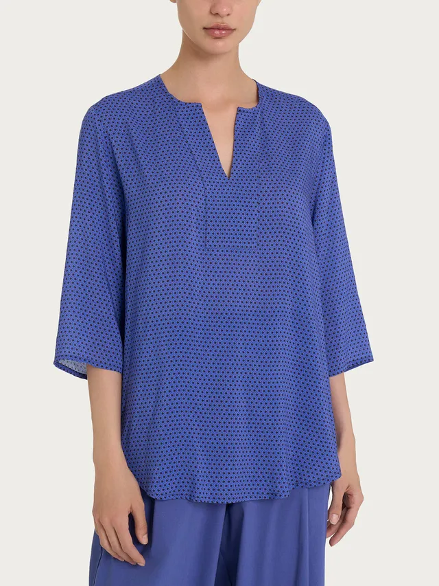 Ragno EcoSeta Blusa Scollo a V Dazzling Blue fantasia esagoni