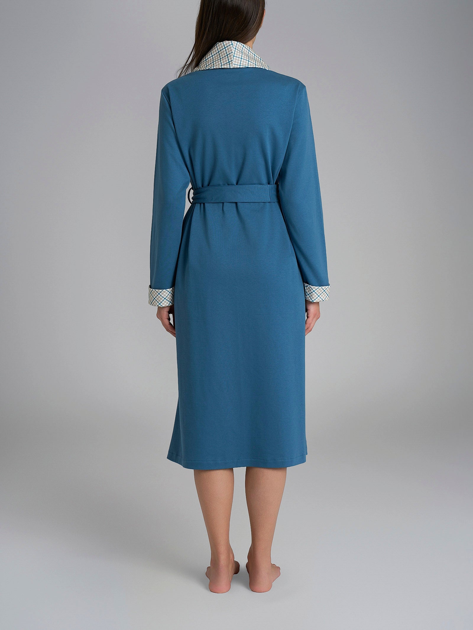 Ragno Interlock Vestaglia Cintura Teal Tartan puro cotone