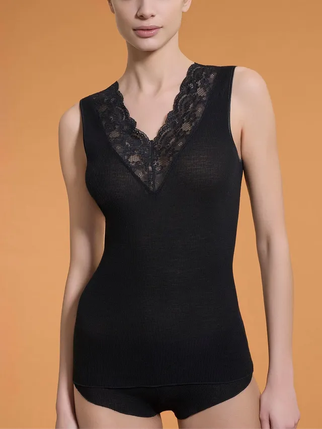 Ragno Lana Seta Top Scollo V Pizzo Nero