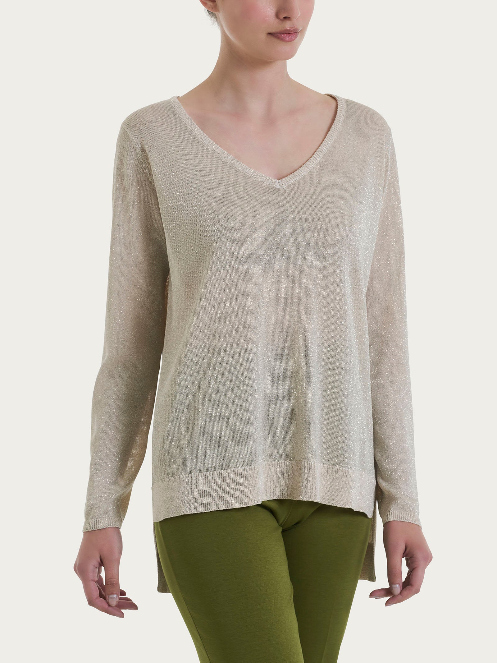 Ragno Crêpe Lurex Maglia Scollo V Champignon manica lunga