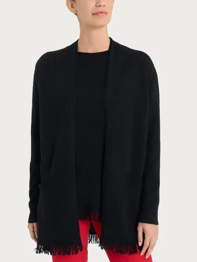 Ragno Merino Soft cardigan lungo frange nero morbido