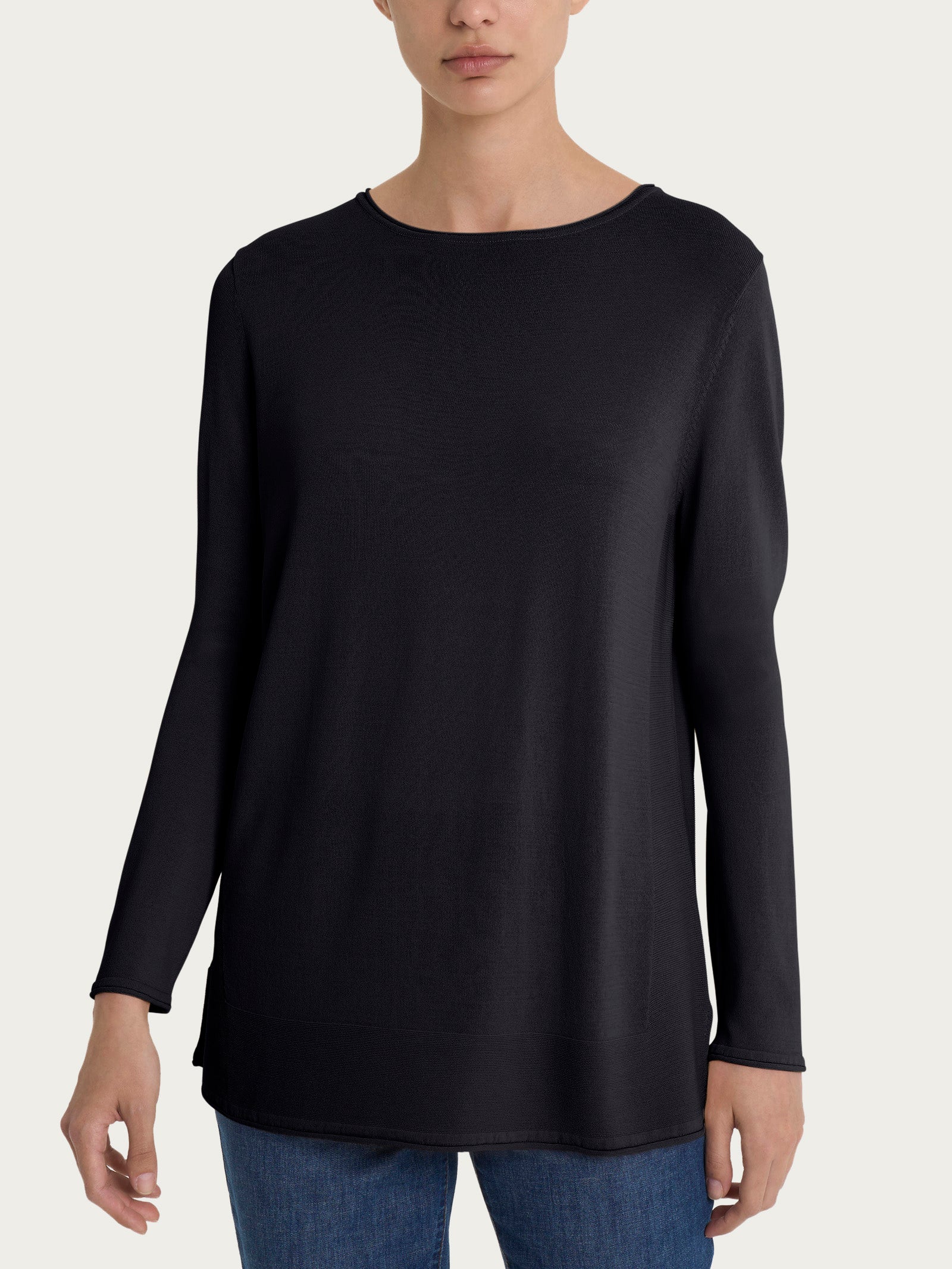 Ragno Viscosa Summer Maglia Barchetta Crepe Nero Manica Lunga