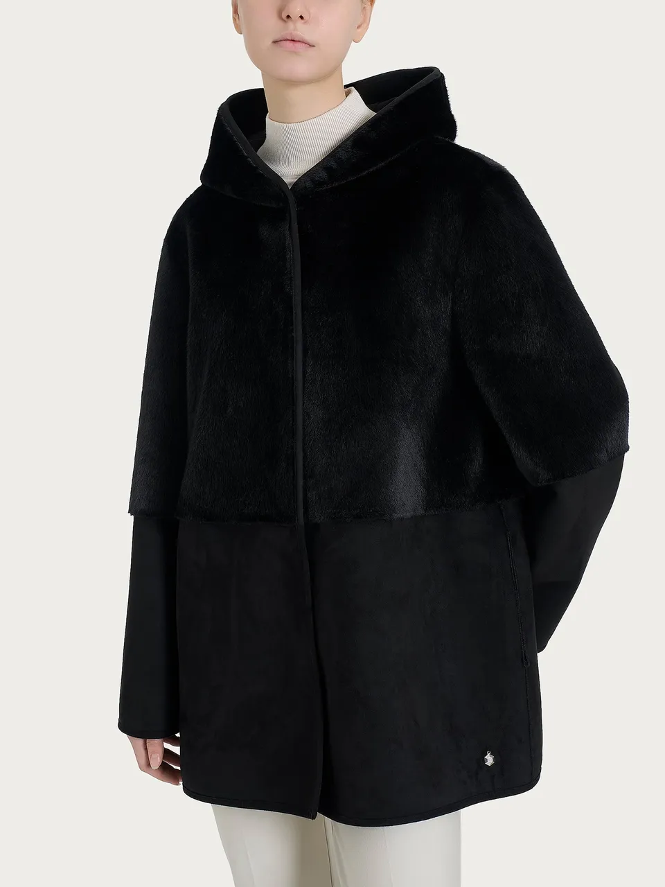 Ragno Vegan Shearling Giacca Double-Face Nera Cappuccio