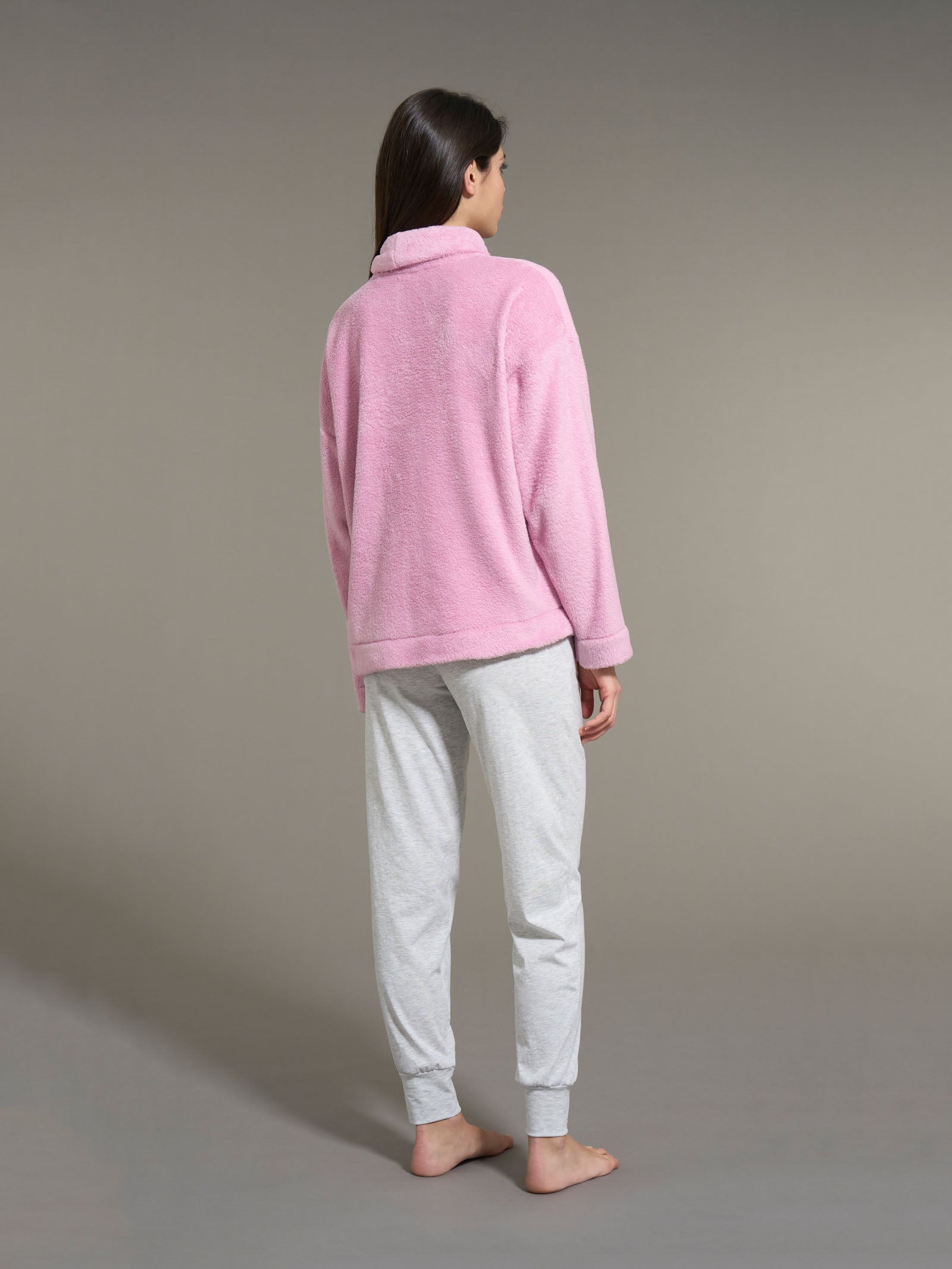 Ragno pigiama donna rosa collo vulcano in pile