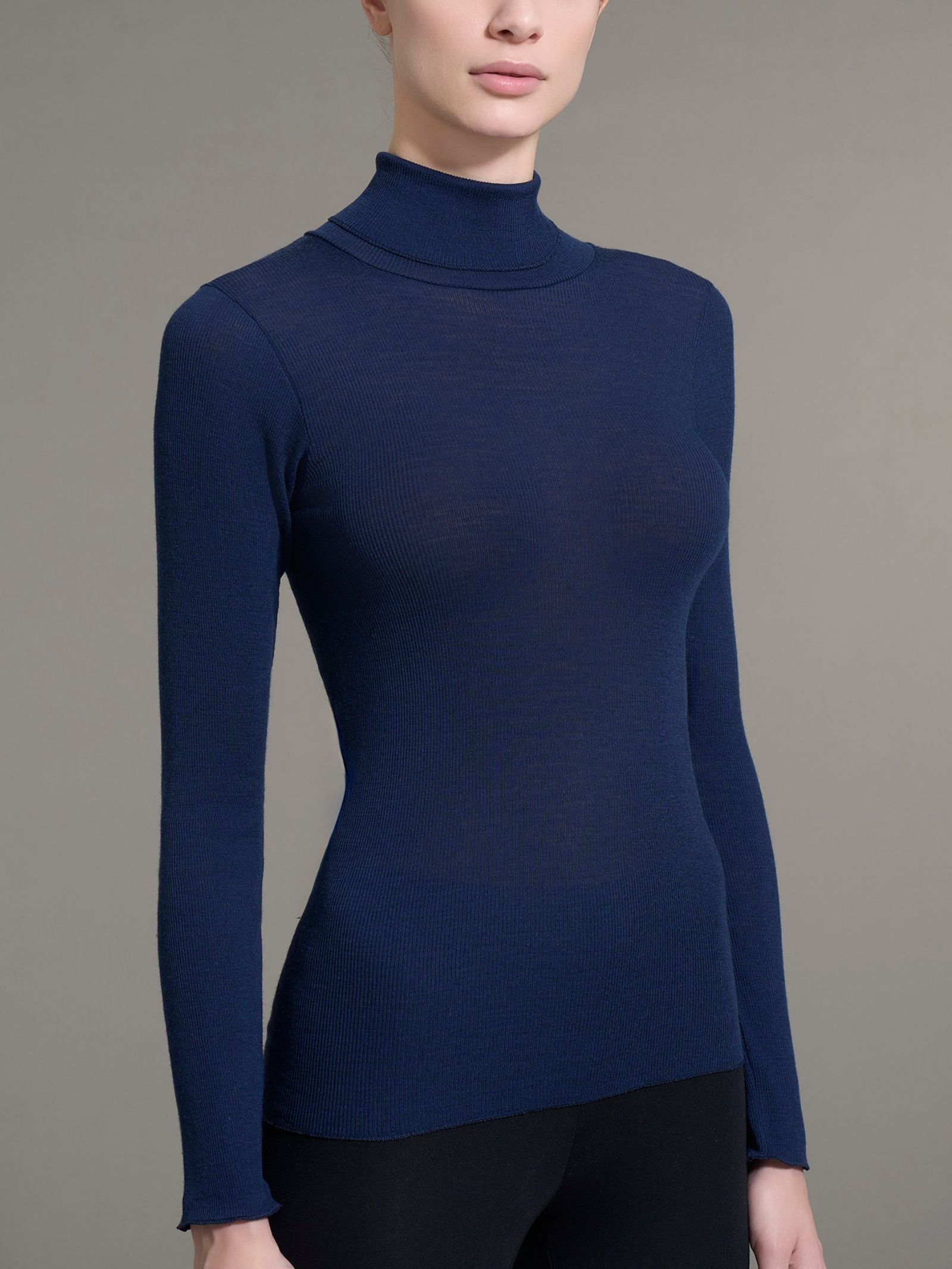 Ragno Lana Seta Dolcevita Collo Alto Bleu Manica Lunga