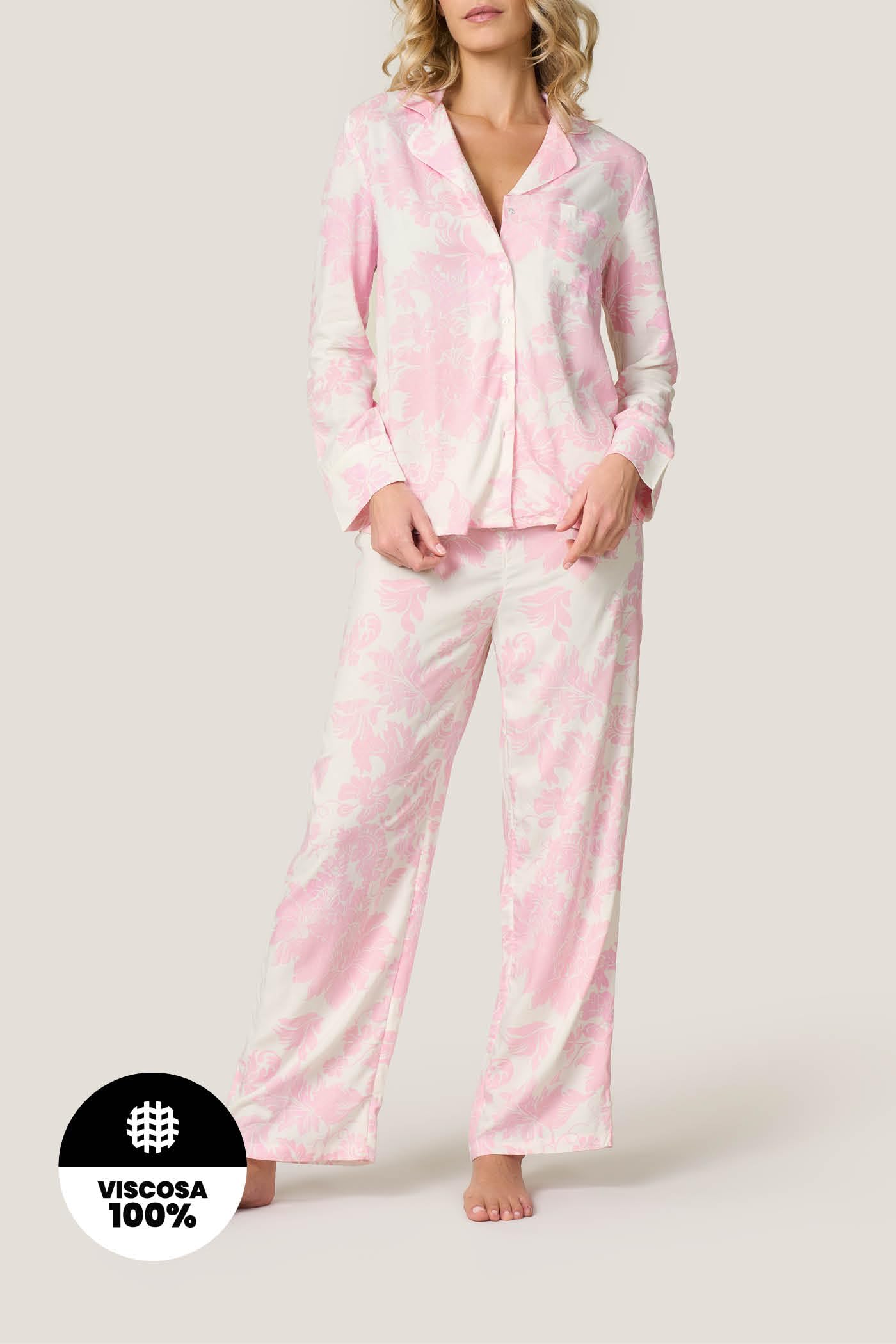 Goldenpoint Pigiama Donna Lungo Abbottonato Stampa Foliage