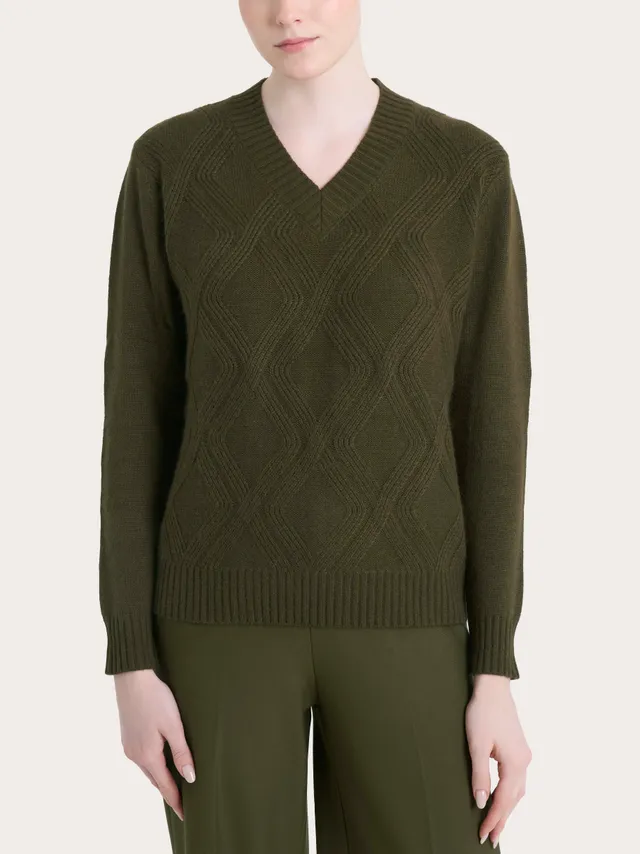 Ragno Natural Soft Maglia Scollo V Trecce Verde Oliva