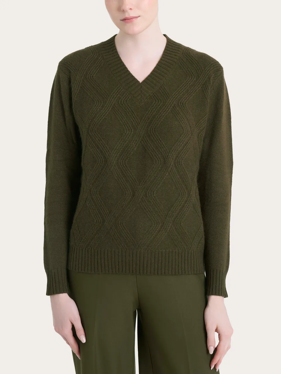 Ragno Natural Soft Maglia Scollo V Trecce Verde Oliva