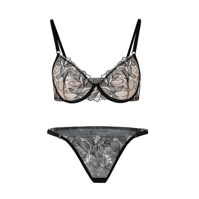 Maria Grazia Severi Sheer Floral set lingerie ricamato nero nude