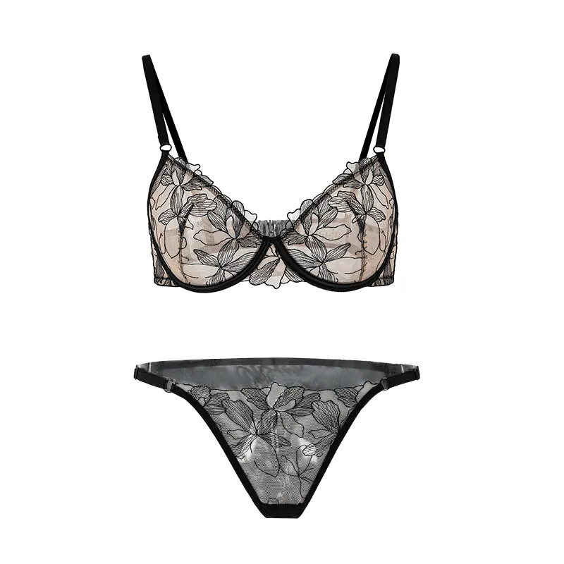 Maria Grazia Severi Sheer Floral set lingerie ricamato nero nude