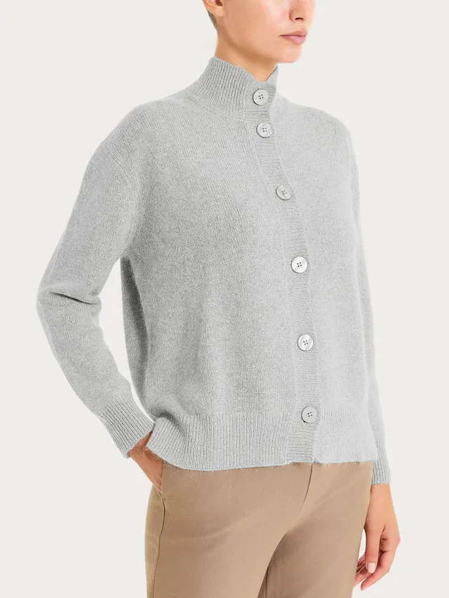 Ragno Natural Soft Cardigan Collo Alto Donna Ghiaia Boxy