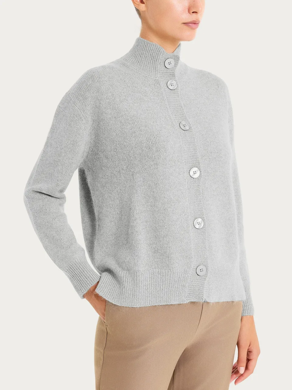 Ragno Natural Soft Cardigan Collo Alto Donna Ghiaia Boxy