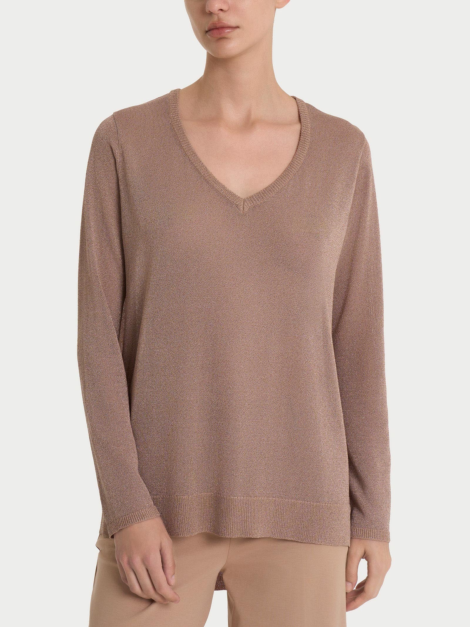 Ragno Crêpe Lurex maglia V Warm Taupe manica lunga