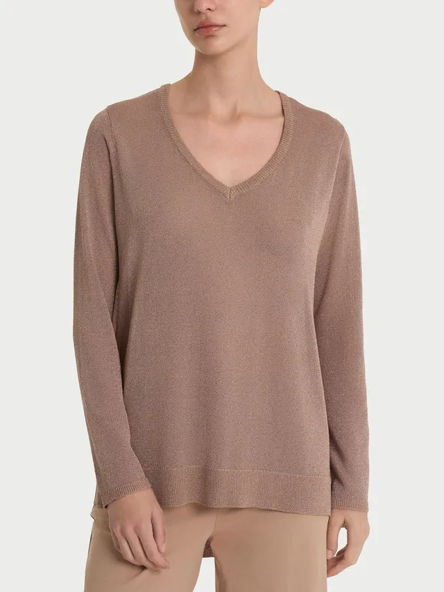 Ragno Crêpe Lurex maglia V Warm Taupe manica lunga