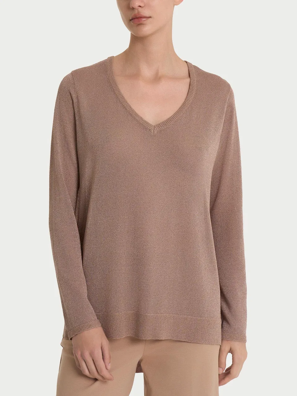 Ragno Crêpe Lurex maglia V Warm Taupe manica lunga