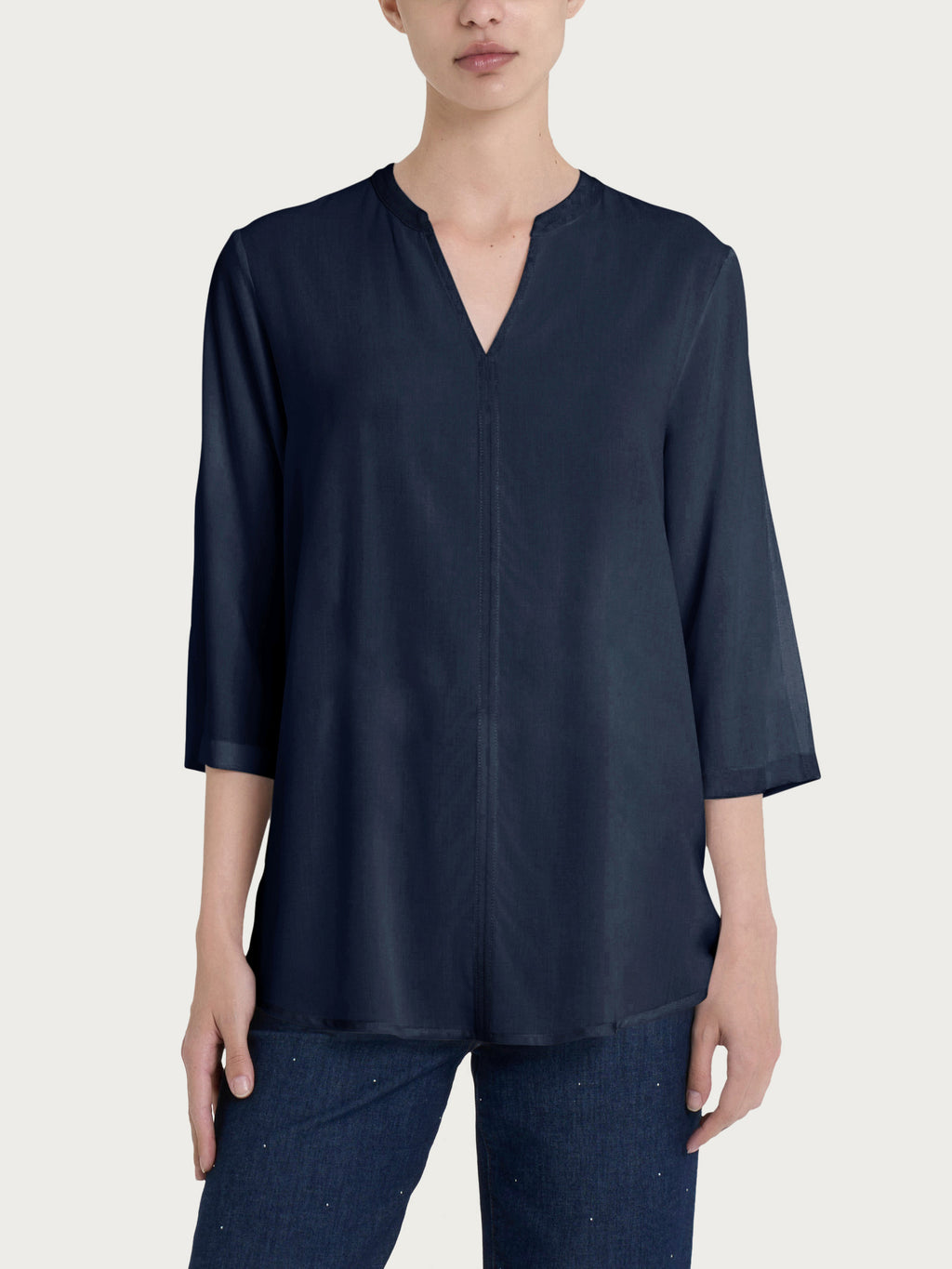 Ragno Ecoseta Blusa Collo Coreana Manica 3/4 Bleu satinata