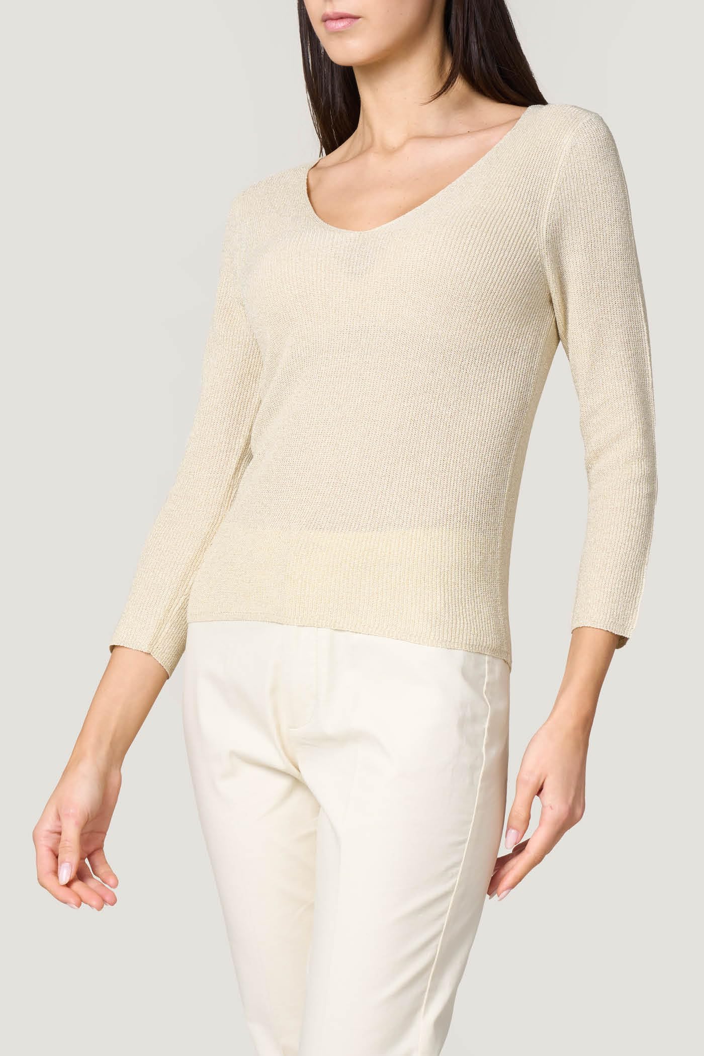 Goldenpoint Donna Maglia Scollo V Manica 3/4 Lamè Costine